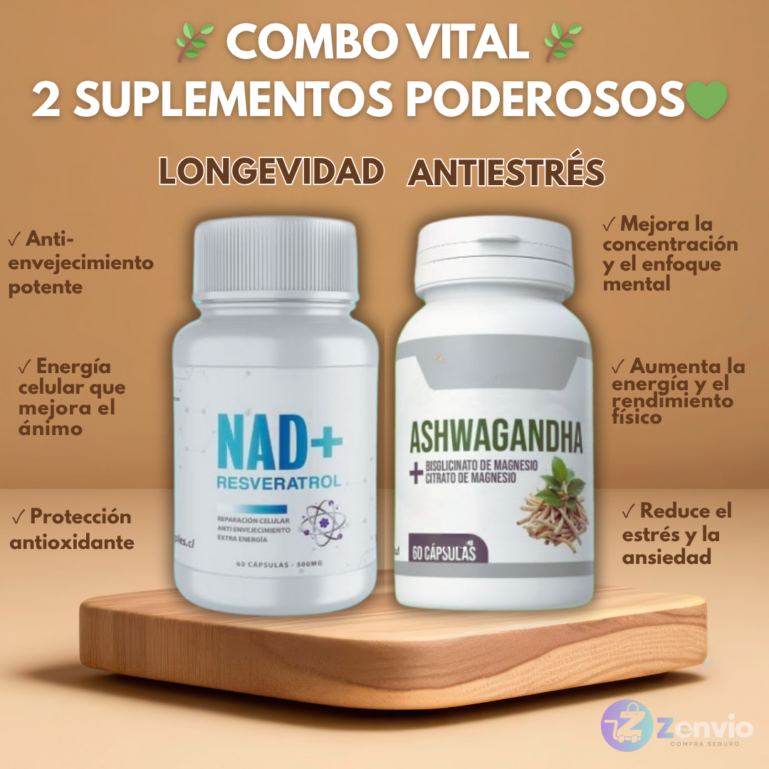 COMBO VITAL 🌿 2 SUPLEMENTOS PODEROSOS Ashwagandha + NAD con Resveratrol  💚